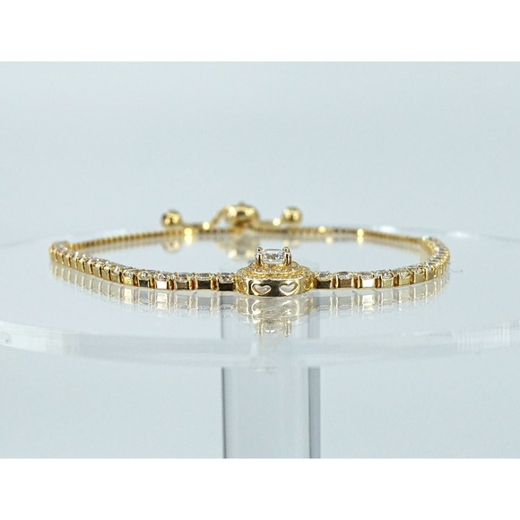 Lariat Bracelet 925 CZ Clear Rhinestones Gold Tone Bolo Tennis Style Minimalist - Picture 3 of 12